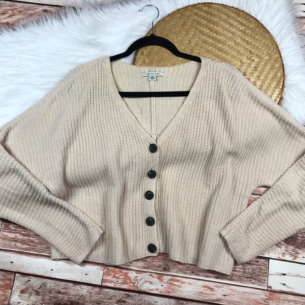 American Eagle Outfitters Cream Knit V-Neck Button Cardigan
